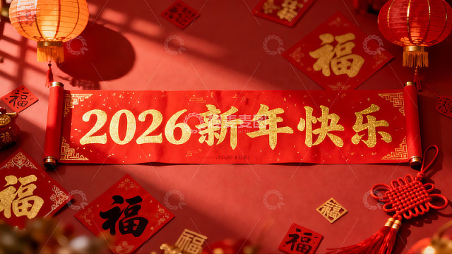2026新年快乐红色卷轴装饰