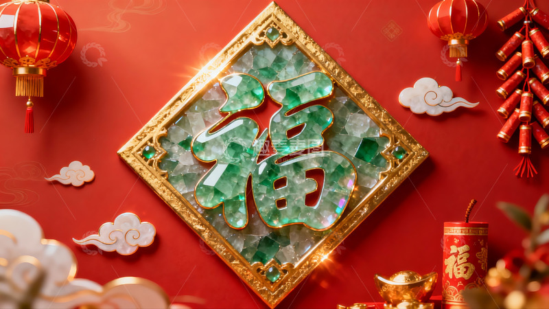 高清大图下载【趣麦麦图】红色背景福字装饰新年氛围浓厚