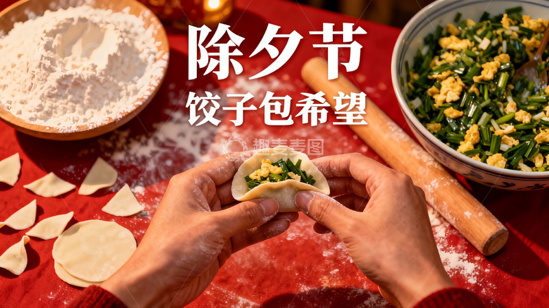 高清大图下载【趣麦麦图】除夕包饺子寓意希望