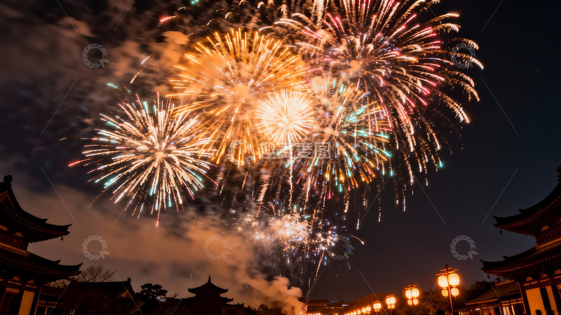 高清大图下载【趣麦麦图】夜空烟花绽放古建筑映衬