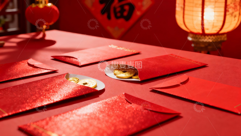 高清大图下载【趣麦麦图】红色红包与金色钱币节日装饰
