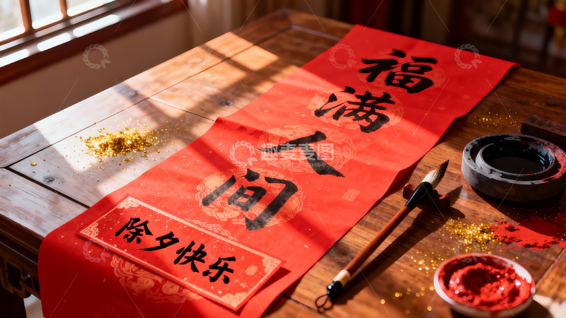 高清大图下载【趣麦麦图】春节书法对联与文房四宝