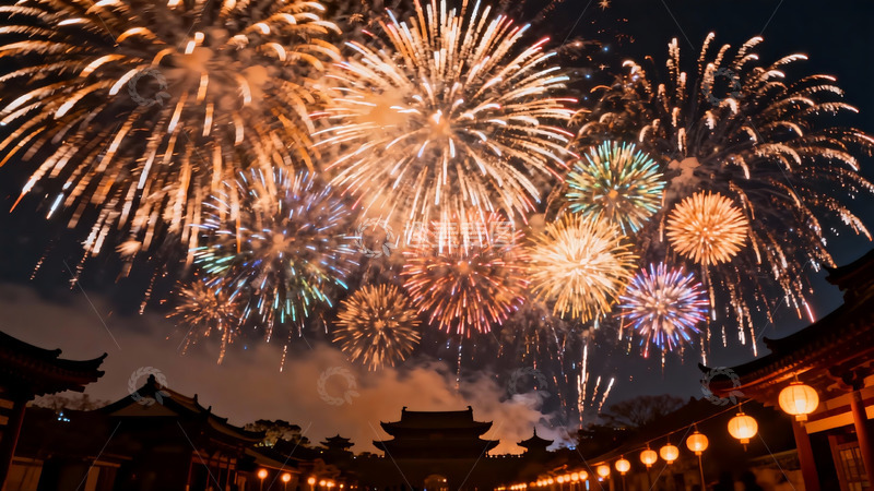 高清大图下载【趣麦麦图】夜空烟花绽放古建筑