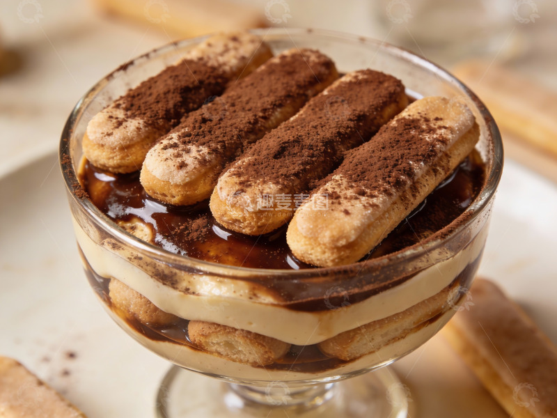 高清大图下载【趣麦麦图】玻璃碗中的提拉米苏甜点