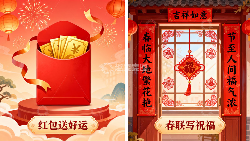 高清大图下载【趣麦麦图】春节红包春联喜庆场景