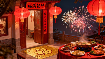 中式庭院夜宴烟花绽放