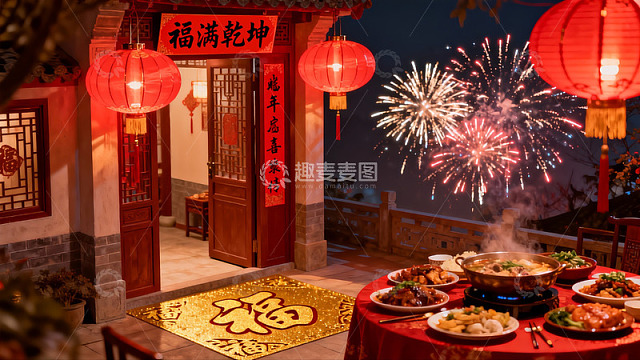 中式庭院夜宴烟花绽放