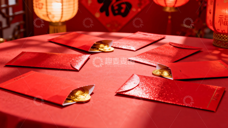 高清大图下载【趣麦麦图】红色红包与金色硬币的节日布置
