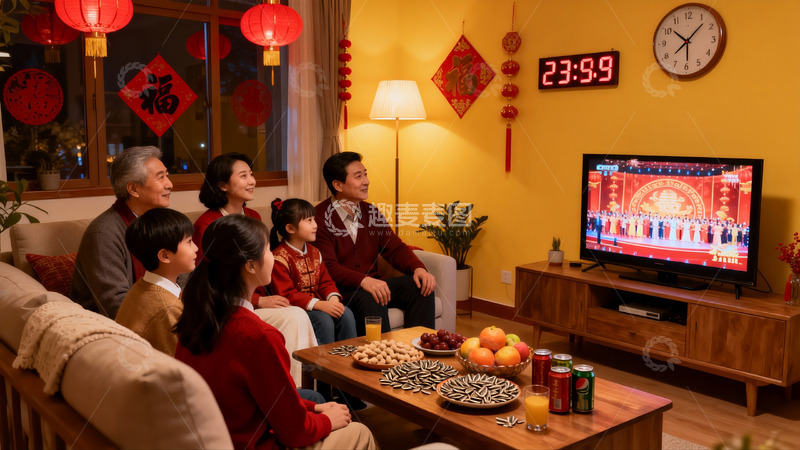 高清大图下载【趣麦麦图】春节家庭团聚客厅看电视