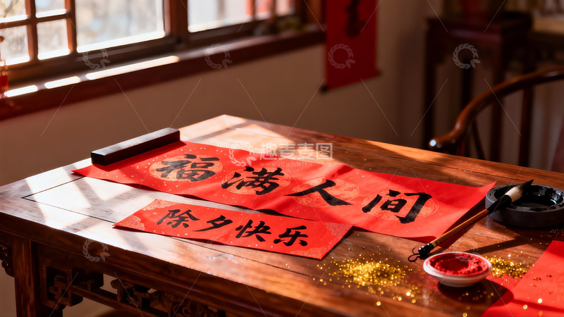 高清大图下载【趣麦麦图】春节书法对联与文房四宝