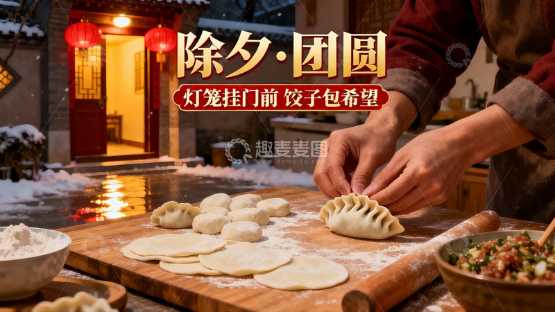 高清大图下载【趣麦麦图】除夕包饺子团圆夜