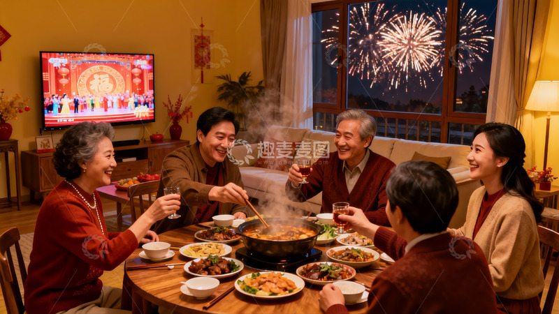 高清大图下载【趣麦麦图】家庭聚餐欢庆烟火夜