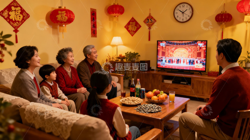 高清大图下载【趣麦麦图】家人团聚客厅看电视庆佳节