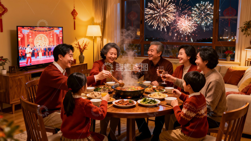 高清大图下载【趣麦麦图】家人围坐餐桌共庆节日