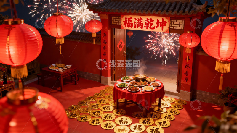 高清大图下载【趣麦麦图】中式庭院夜景烟花宴