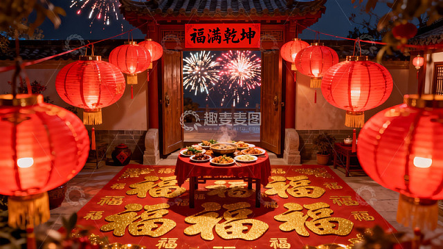 中式庭院夜景烟花庆团圆