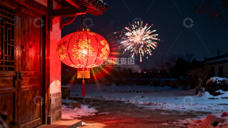 高清大图下载【趣麦麦图】雪夜灯笼烟花绽放