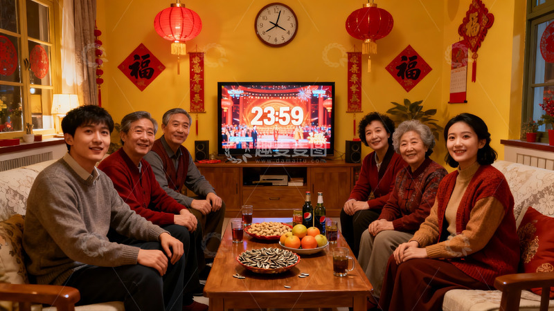 高清大图下载【趣麦麦图】家庭除夕夜团聚观看春晚