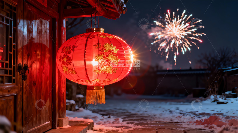 高清大图下载【趣麦麦图】雪夜灯笼烟花绽放