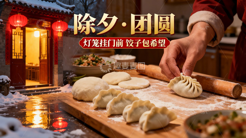 高清大图下载【趣麦麦图】除夕夜包饺子团圆饭