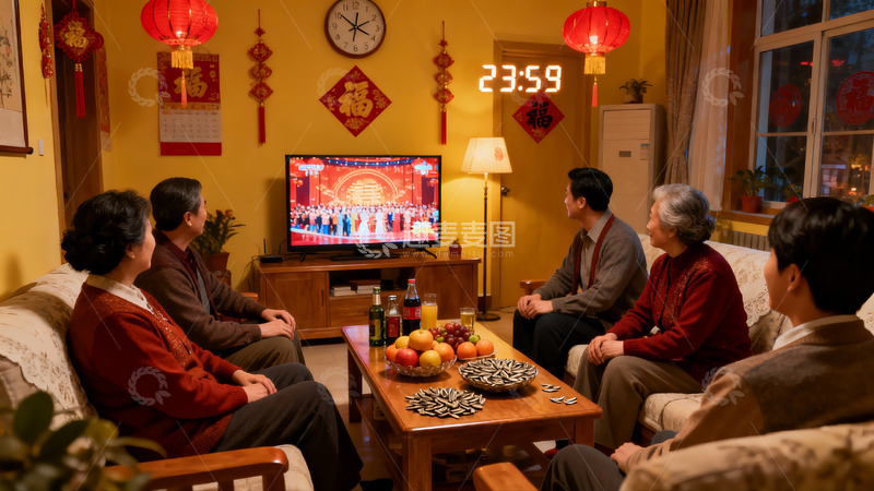 高清大图下载【趣麦麦图】家人除夕夜客厅团聚看电视