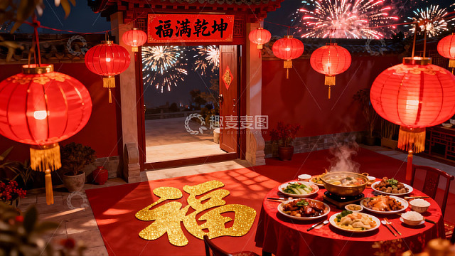中式庭院夜宴烟花绽放
