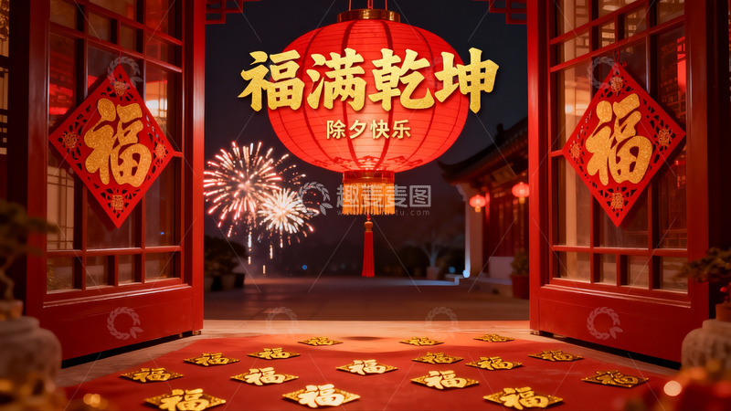 高清大图下载【趣麦麦图】除夕夜门廊烟花璀璨
