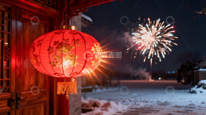 高清大图下载【趣麦麦图】雪夜灯笼烟花绽放