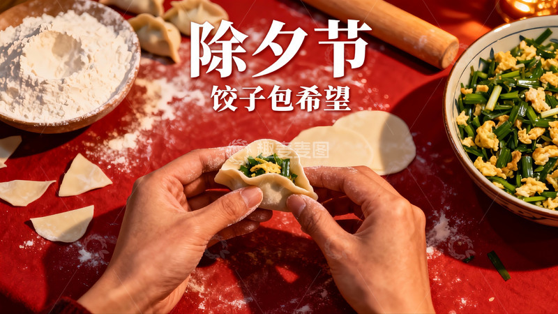 高清大图下载【趣麦麦图】除夕包饺子场景