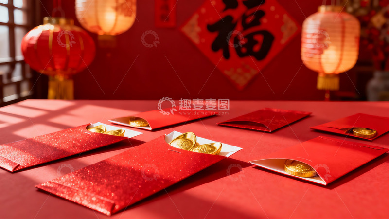 高清大图下载【趣麦麦图】春节红包与灯笼装饰场景