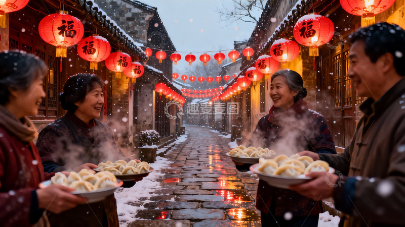高清大图下载【趣麦麦图】雪夜古街团圆饺子宴