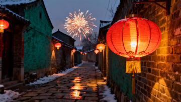 雪夜古巷烟花红灯笼