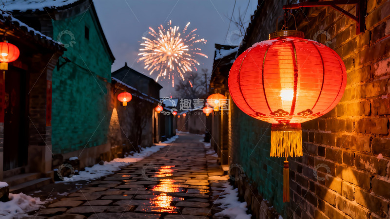 高清大图下载【趣麦麦图】雪夜古巷烟花红灯笼
