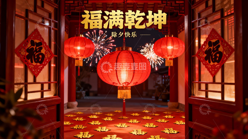 高清大图下载【趣麦麦图】除夕夜门廊挂红灯笼烟花绽放