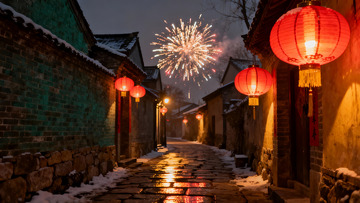 雪夜古巷烟花绽放