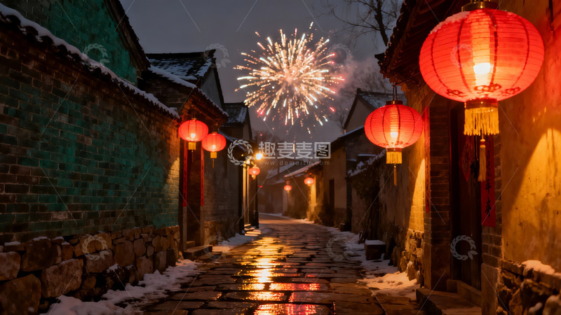 高清大图下载【趣麦麦图】雪夜古巷烟花绽放