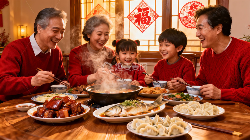 高清大图下载【趣麦麦图】春节家庭聚餐其乐融融