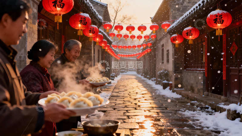 高清大图下载【趣麦麦图】雪中古街家人共食饺子