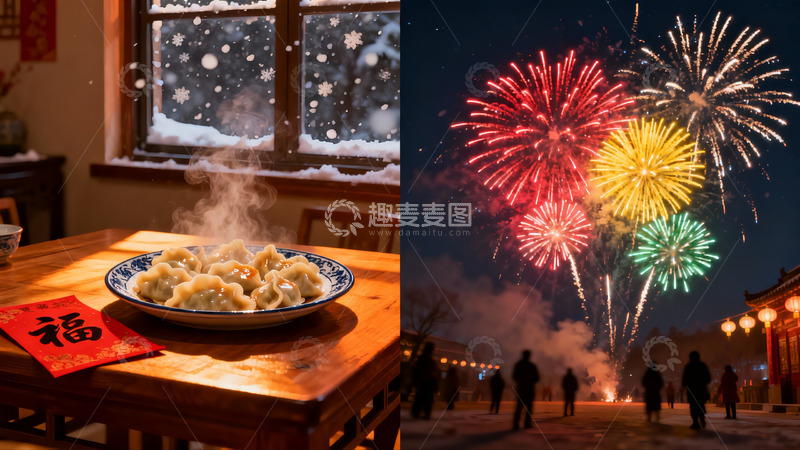 高清大图下载【趣麦麦图】冬日饺子与烟花夜景对比
