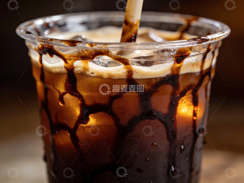高清大图下载【趣麦麦图】冰咖啡特写奶泡与糖浆交织