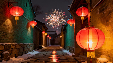 雪夜古巷烟花绽放