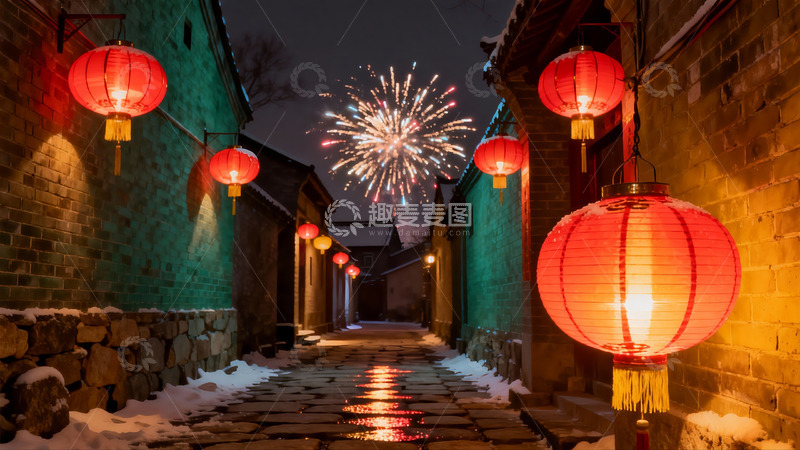 高清大图下载【趣麦麦图】雪夜古巷烟花绽放