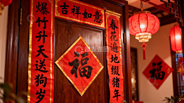 春节门贴福字灯笼装饰