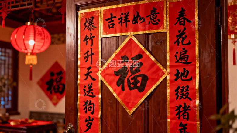 春节门贴福字灯笼喜庆