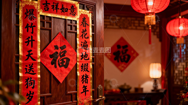 春节门贴福字灯笼装饰