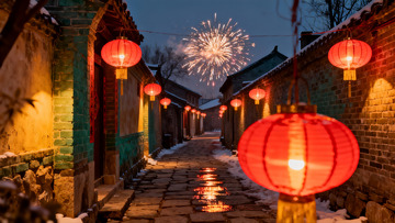 古巷夜景烟花璀璨红灯笼高挂