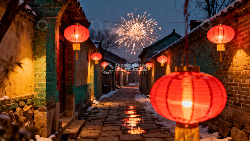 高清大图下载【趣麦麦图】-古巷夜景烟花璀璨红灯笼高挂