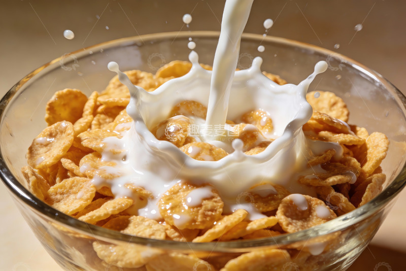 高清大图下载【趣麦麦图】牛奶倒入玉米片碗中溅起浪花