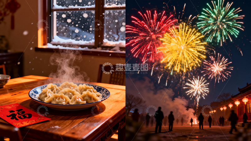 高清大图下载【趣麦麦图】冬日餐桌与夜空烟花对比