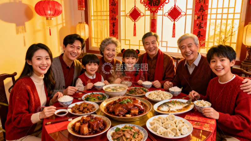 高清大图下载【趣麦麦图】春节团圆饭家人欢聚一堂